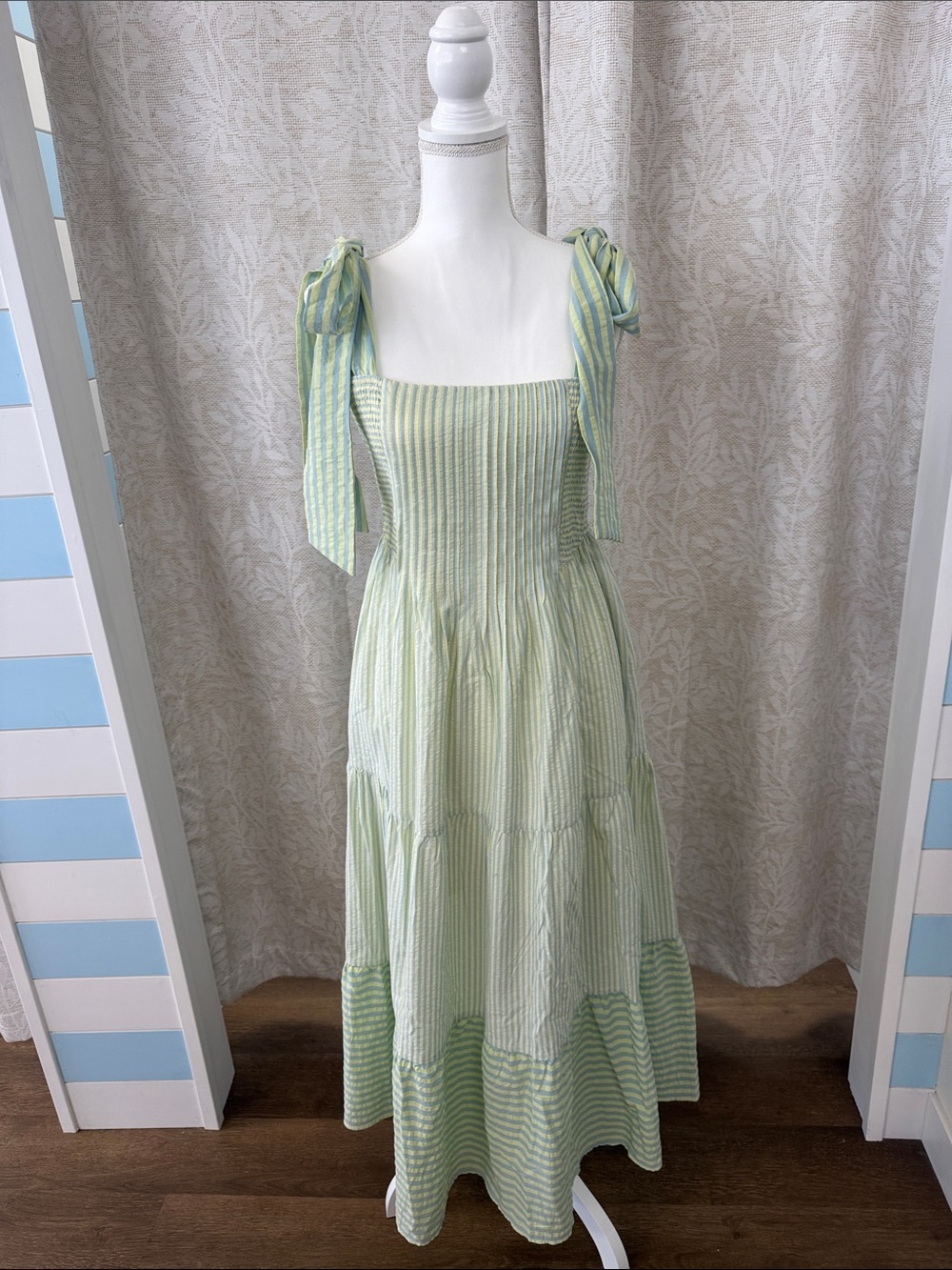 Peach Love California Green & Blue Striped Tie-Shoulder Maxi Dress